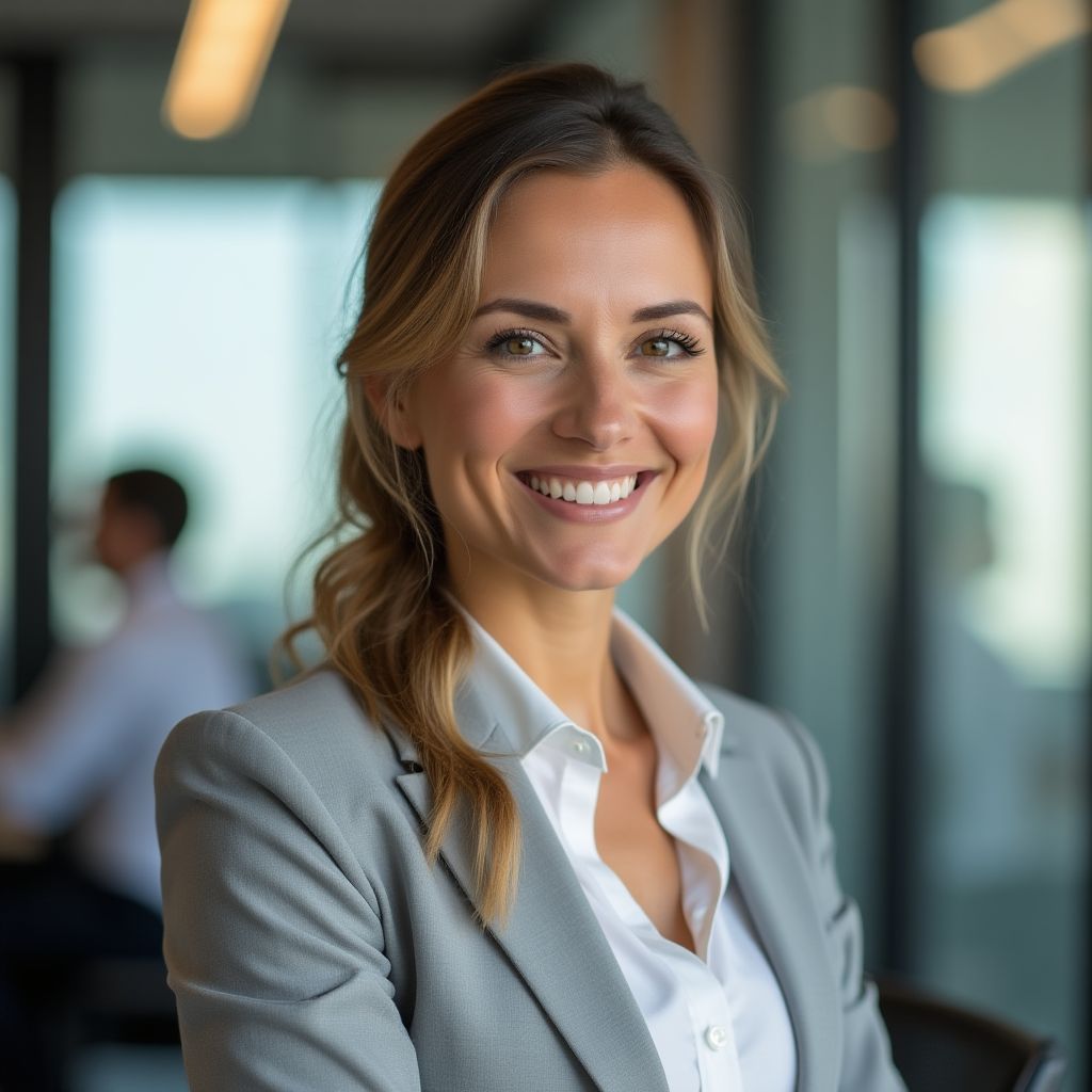 Retrato profesional especialista fiscal mujer sonriendo oficina