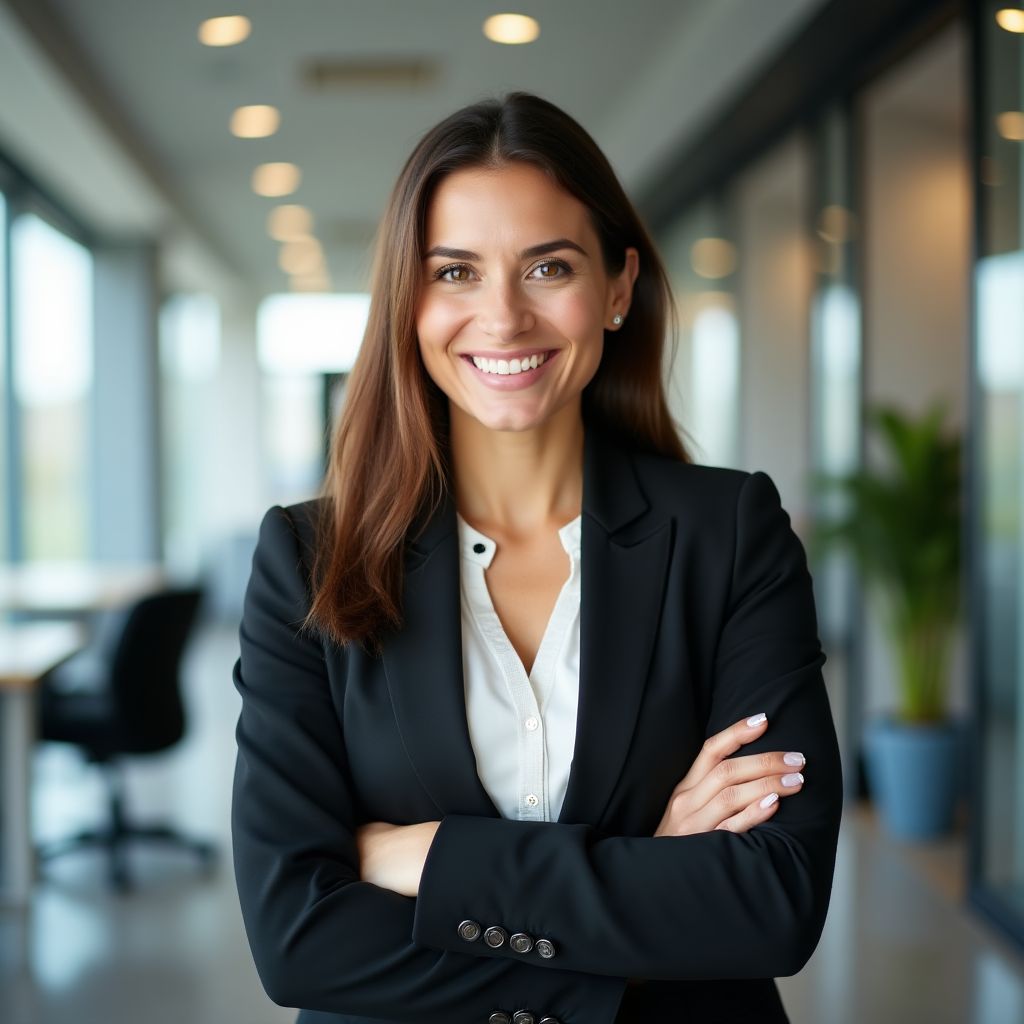 Foto directora comercial mujer profesional sonriendo oficina moderna